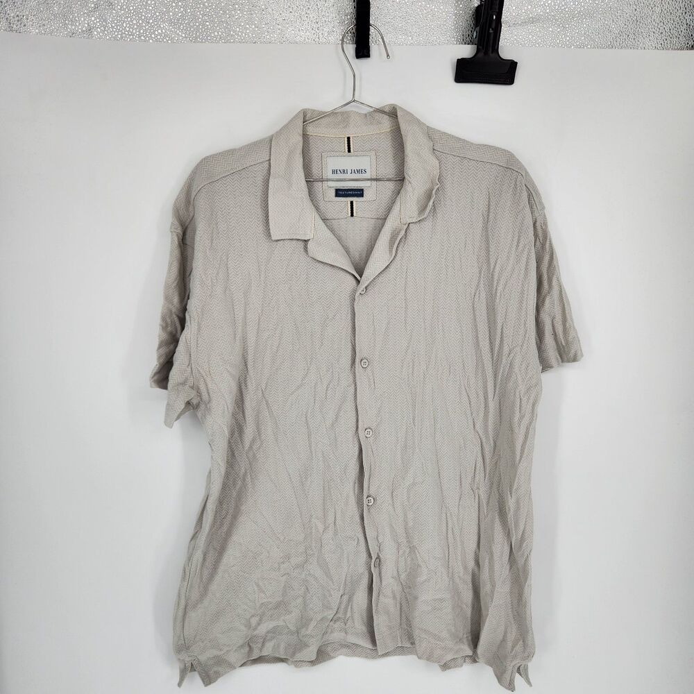 Henri James Large Beige Textured Knit Short Sleeve Button Up Shirt